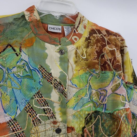 Vtg Chico's Embroidered Patchwork Jacket Size 12 Multicolor Lace Silk Artsy Boho - Picture 5 of 10